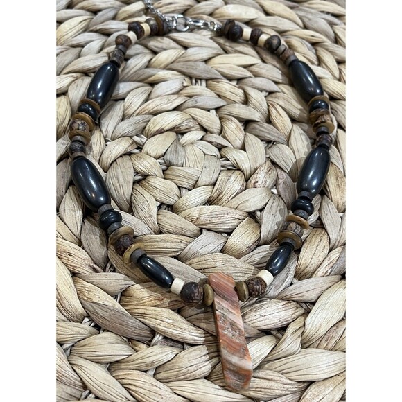 Paua Shell & Calcite Reversible Pendant W/ Wooden Beads Necklace Boho Tribal - Picture 3 of 9